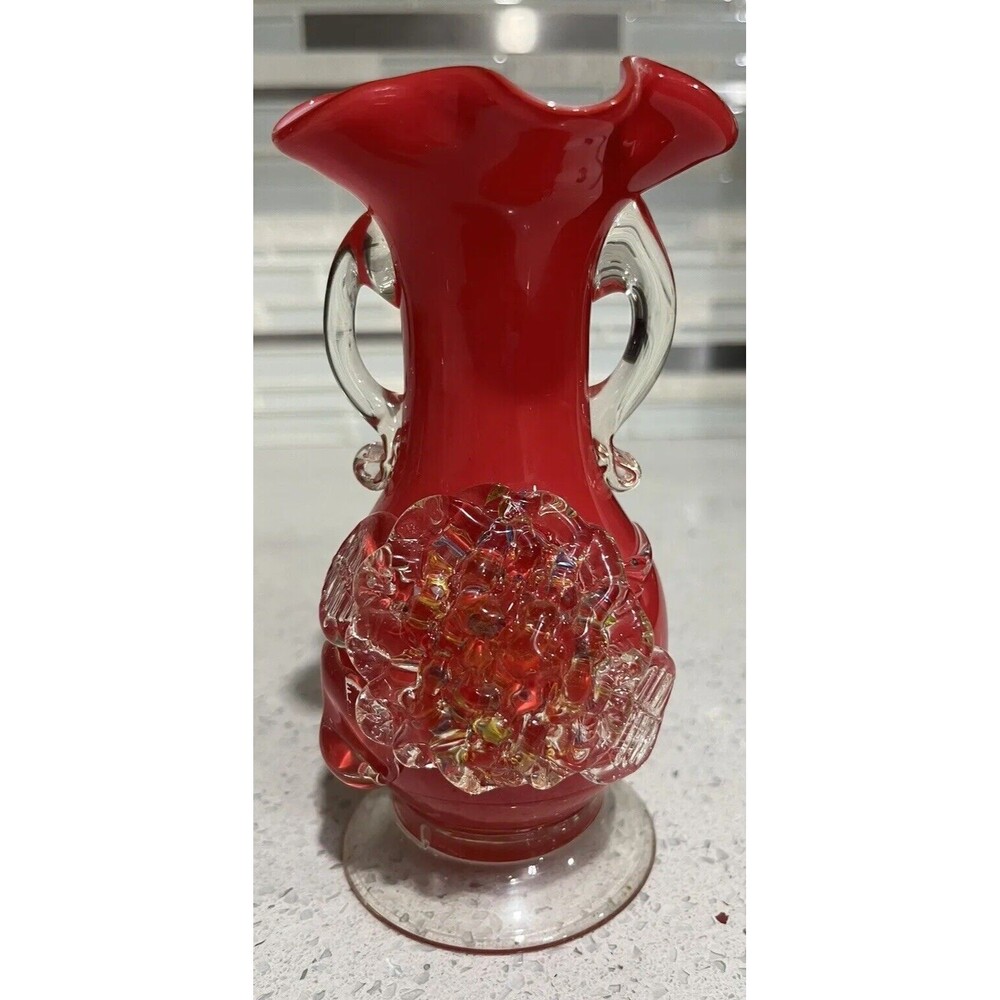 Vintage Hand Blown Art Glass by Stevens & Williams Red Cased Vase Splatter Art